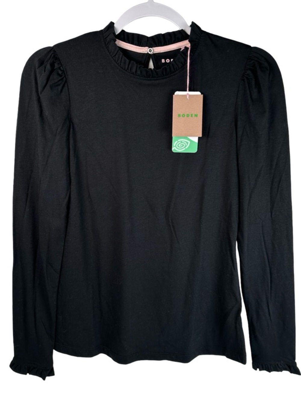 Boden Supersoft Ruffle Frill Detail Black Long Sleeve Top Women’s Size 2 NWT